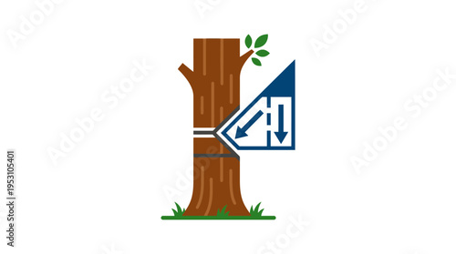Minimal flat vector icon of cutting angle guide on tree trunk with clean directional lines, engineering style 