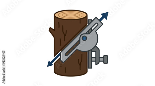 Minimal flat vector icon of cutting angle guide on tree trunk with clean directional lines, engineering style 