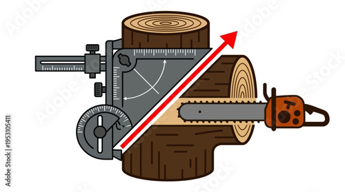 Minimal flat vector icon of cutting angle guide on tree trunk with clean directional lines, engineering style 