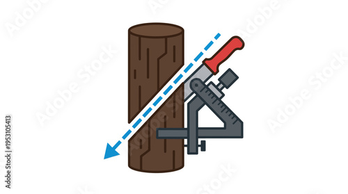 Minimal flat vector icon of cutting angle guide on tree trunk with clean directional lines, engineering style 
