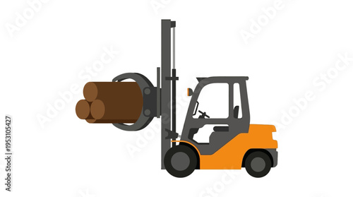 Minimal flat vector icon of forklift lifting cylindrical logs with clamp attachment, modern industrial style, isolated on white background 