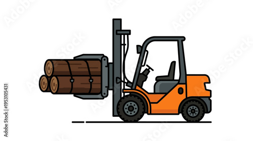 Minimal flat vector icon of forklift lifting cylindrical logs with clamp attachment, modern industrial style, isolated on white background 