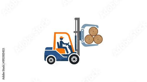 Minimal flat vector icon of forklift lifting cylindrical logs with clamp attachment, modern industrial style, isolated on white background 