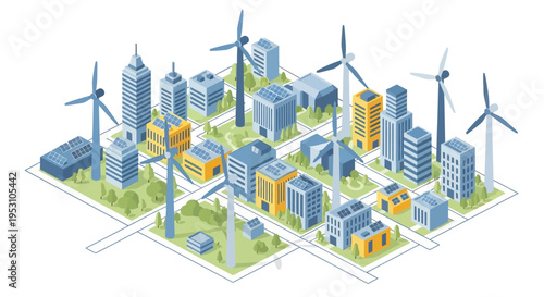 Isometric Smart City with Renewable Energy Sources, Solar Panels and Wind Turbines for Sustainable Urban Planning and Green Technology Concept