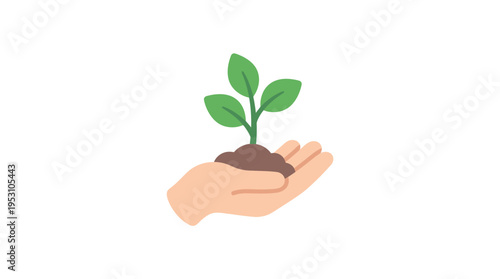 Minimal flat vector icon of hand holding small tree sapling, reforestation concept 