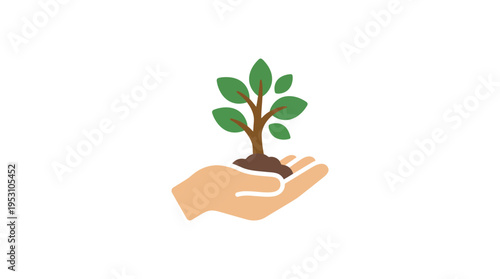 Minimal flat vector icon of hand holding small tree sapling, reforestation concept 