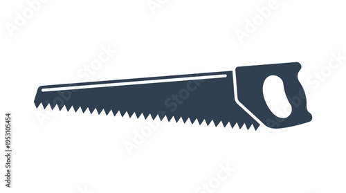Minimal flat vector icon of hand saw with visible teeth pattern and grip handle, symmetrical composition