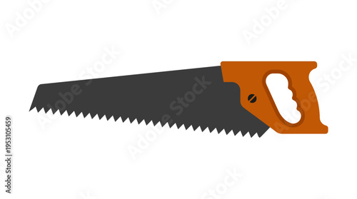 Minimal flat vector icon of hand saw with visible teeth pattern and grip handle, symmetrical composition