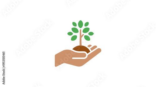 Minimal flat vector icon of hand holding small tree sapling, reforestation concept 