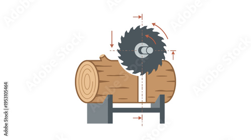 Minimal flat vector icon of log cutting process showing half-cut trunk and saw blade alignment, technical visual style,