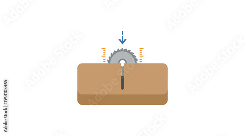 Minimal flat vector icon of log cutting process showing half-cut trunk and saw blade alignment, technical visual style,