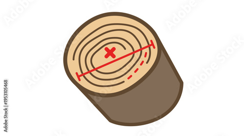 Minimal flat vector icon of log measurement marking lines on trunk surface, technical forestry concept, isolated on white background