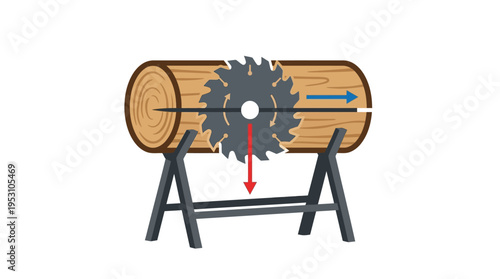 Minimal flat vector icon of log cutting process showing half-cut trunk and saw blade alignment, technical visual style,