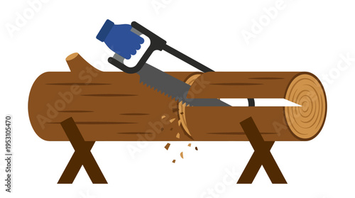 Minimal flat vector icon of log cutting process showing half-cut trunk and saw blade alignment, technical visual style,