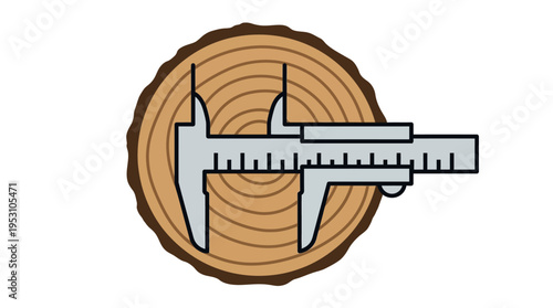 Minimal flat vector icon of log measurement marking lines on trunk surface, technical forestry concept, isolated on white background