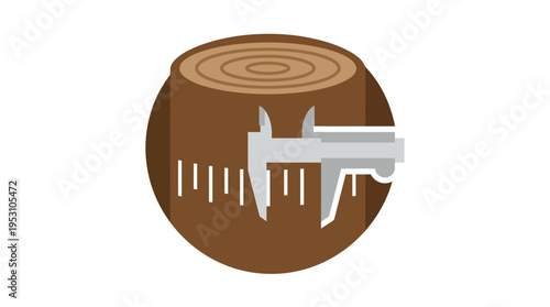 Minimal flat vector icon of log measurement marking lines on trunk surface, technical forestry concept, isolated on white background