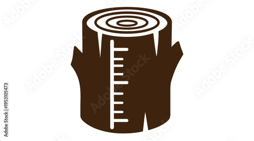 Minimal flat vector icon of log measurement marking lines on trunk surface, technical forestry concept, isolated on white background