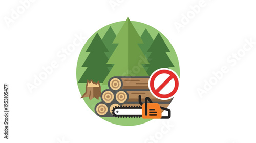 Minimal flat vector icon of logging activity in forest with cut logs stacked, illegal logging concept, isolated on white background 