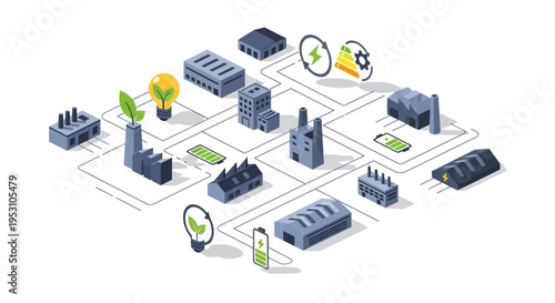 Isometric Smart Green Industry 4.0 Concept with Sustainable Factories, Renewable Energy, and Efficient Manufacturing Infrastructure for Carbon Neutrality
