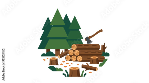 Minimal flat vector icon of logging activity in forest with cut logs stacked, illegal logging concept, isolated on white background 