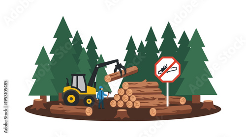 Minimal flat vector icon of logging activity in forest with cut logs stacked, illegal logging concept, isolated on white background 