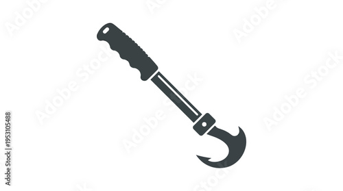 Minimal flat vector icon of logging hook tool with curved metal tip and grip handle, precise silhouette 