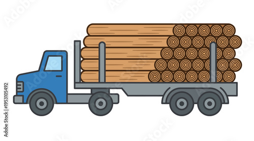 Minimal flat vector icon of logging truck carrying stacked logs with visible circular cross sections 