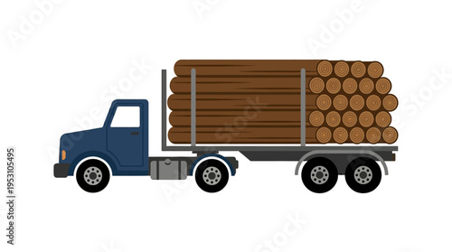Minimal flat vector icon of logging truck carrying stacked logs with visible circular cross sections 