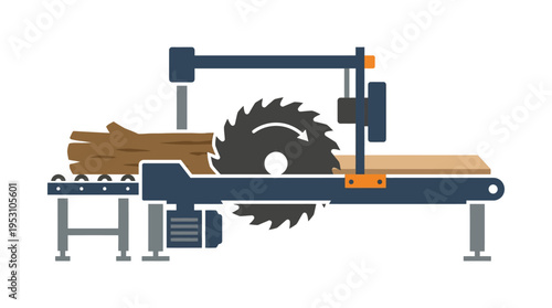 Minimal flat vector icon of sawmill machine with rotating blade and wooden plank output, simplified industrial design 