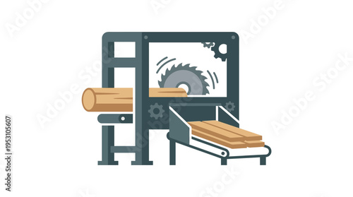 Minimal flat vector icon of sawmill machine with rotating blade and wooden plank output, simplified industrial design 