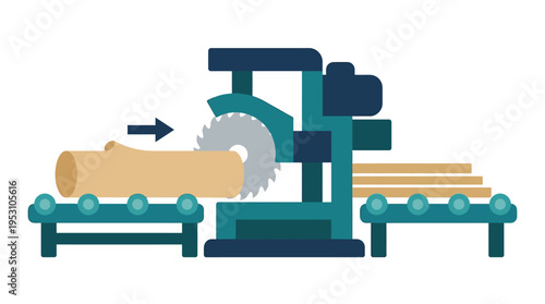 Minimal flat vector icon of sawmill machine with rotating blade and wooden plank output, simplified industrial design 