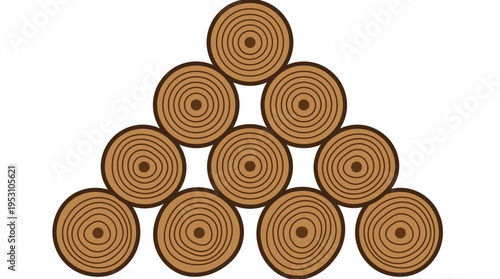 Minimal flat vector icon of stacked timber logs arranged in pyramid formation with ring pattern detail, clean spacing