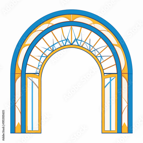 Viewing a stylized abstract archway composed of blue and orange lines and shapes, captured from a frontal perspective, showcasing decorative geometry in a minimalist white studio setting