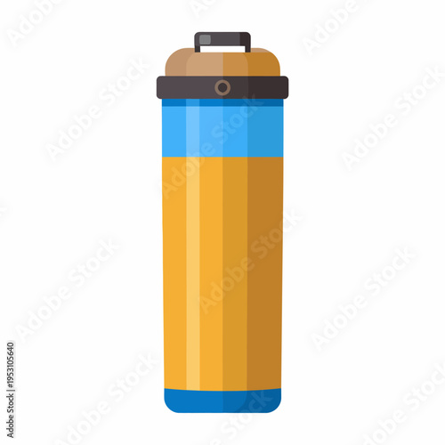 Centered upright battery illustration with cylindrical shape, yellow body and blue accent bands, displayed on plain white background, viewed straight on for clear educational purpose