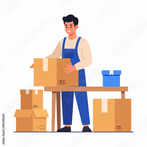 Cartoon illustration of a man in blue overalls standing behind a light‑brown wooden table stacked with cardboard boxes, shown from a frontal viewpoint of a packing and moving scene in a clean studio