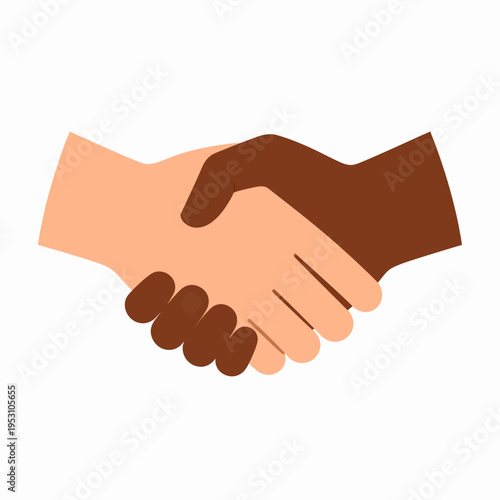 Flat Iconic Handshake Between Light- and Dark-Skinned Hands Illustrating Unity, Diversity, Partnership, and Agreement in a White Background Viewed from Front Center Perspective