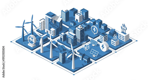 Isometric Smart City and Renewable Energy Infrastructure Illustration with Wind Turbines, Solar Panels, and Sustainable Urban Development Concept