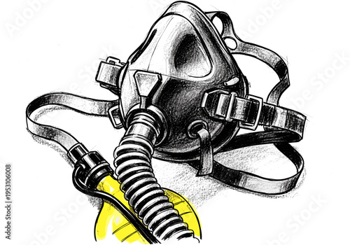 Vintage diving mask with breathing tube and yellow accent, hand-drawn sketch style