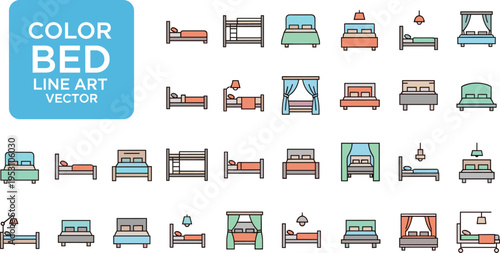 Colorful bed line art vector illustration set featuring single double bunk canopy and hospital beds with pillows blankets lamps and modern furniture inspiration
