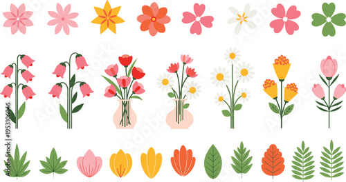 Colorful floral botanical illustration set featuring flowers leaves arrangements and decorative plants in modern vector style for design inspiration and creative artwork