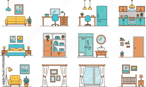 Colorful illustrated home interior scenes featuring living room bedroom kitchen bathroom office dining nursery and decor elements in modern stylish design inspiration