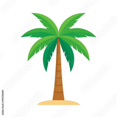 Serene Tropical Palm Tree Illustration with Detailed Leaves and Sand Mound, Centered Viewpoint for Travel Iconography in Calm Vacation Environment