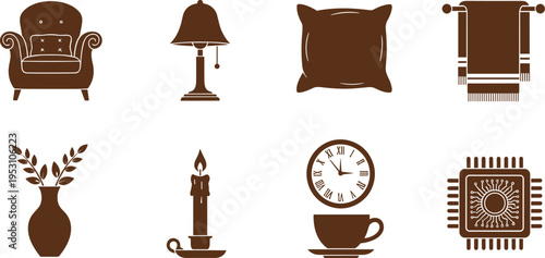 Household silhouette icons vector illustration armchair lamp pillow towel vase candle clock teacup microchip decor modern interior design artwork concept