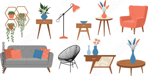 Mid century modern furniture illustration featuring sofa armchair wireframe chair tables lamp shelves plants vases and stylish home decor inspiration in warm tones