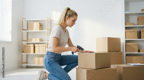 Young woman labeling cardboard boxes while working in storage room  