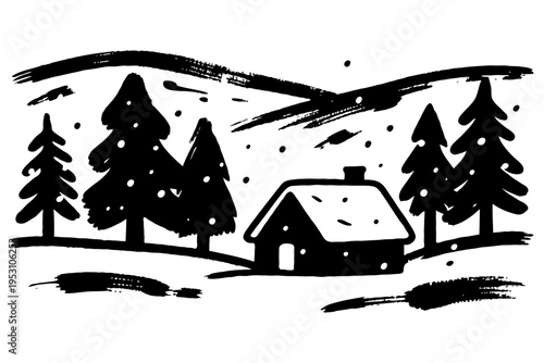 Snow-covered cabin among pine trees in a forest, black ink sketch style on white background, concept of winter solitude and nature