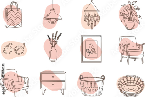 Minimalist household lifestyle illustration set featuring shopping bag lamp wall hanging plant eyeglasses vase framed picture armchairs nightstand basket and decor inspiration