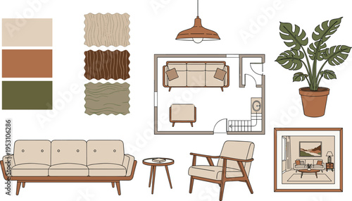 Modern living room interior design illustration with sofa armchair coffee table lamp plant framed artwork floor plan and coordinated color palette textures inspiration