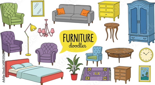 Playful furniture doodle illustration featuring armchairs sofa bed tables lamp chandelier plant rug clock mirror and framed artwork for creative home decor inspiration