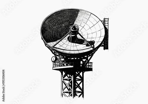 Detailed sketch of a large satellite dish on a tower